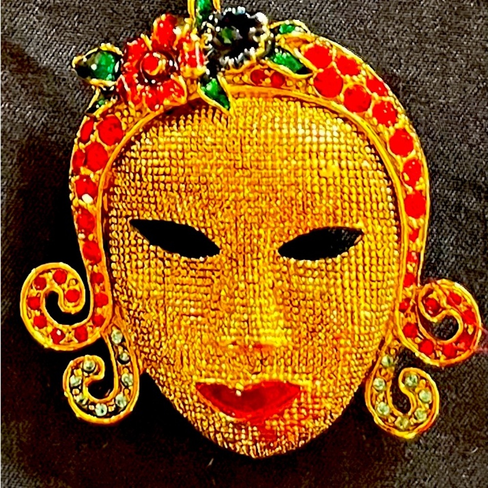 “Gorgeous Girl “ gold plated vintage brooch with enamel and Austrian crystals